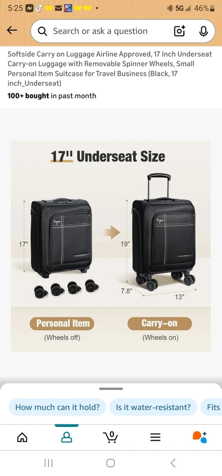 Tonyee 软侧随身行李航空公司批准,17 英寸座下随身携带 — 第 3/4 张图片