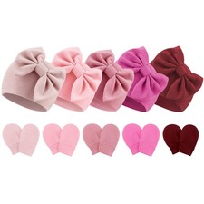 Newborn Baby Hats and Mittens 0-6 Months, 5 Pcs: Bow  Set B 