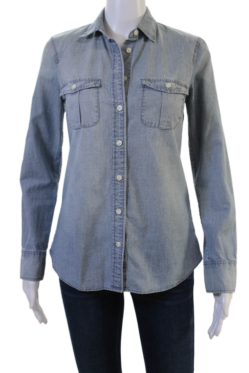 J Crew Women Light Blue Collared Basic Button-Up … - image 1