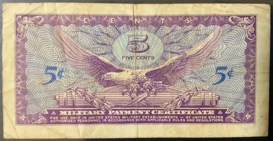 1965-1968 USA-MILITARY  PAYMENT PAPER MONEY - 5 CENTS SERIES 641 NOTE! - Image 2 of 2