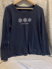 Life is Good Three Doodle Snowflake Long Sleeve Blue Crusher Tee Women’s Sz  XL
