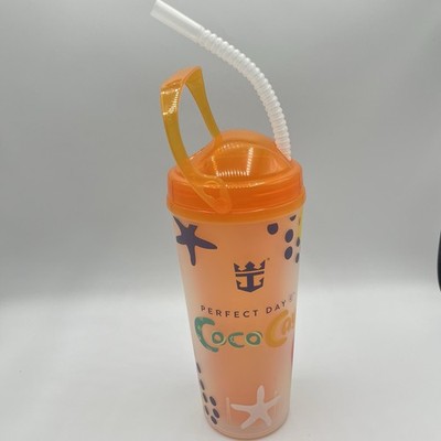 Royal Caribbean Perfect Day Coco Cay Orange 24oz Plastic Tumbler Cup W Straw