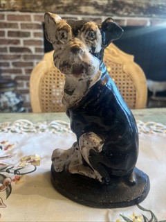 RARE ANTIQUE CREATIONS COMPANY CAST IRON MUTT w/ BONE TERRIER DOG HOME DOORSTOP