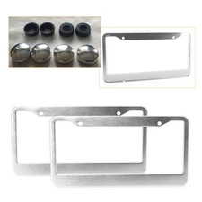 2X Metal Silver License Plate Frame Tag Cover with Screw Caps US STOCK