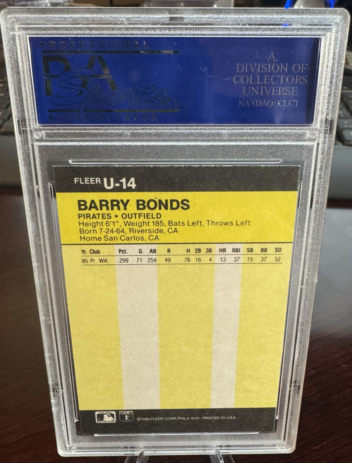 1986 BARRY BONDS FLEER UPDATE ROOKIE #U-14 CENTERED PSA 8 (978) view 2