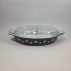Vintage PYREX Black Snowflake 1.5 Quart Divided Casserole Dish Clear Lid Clean