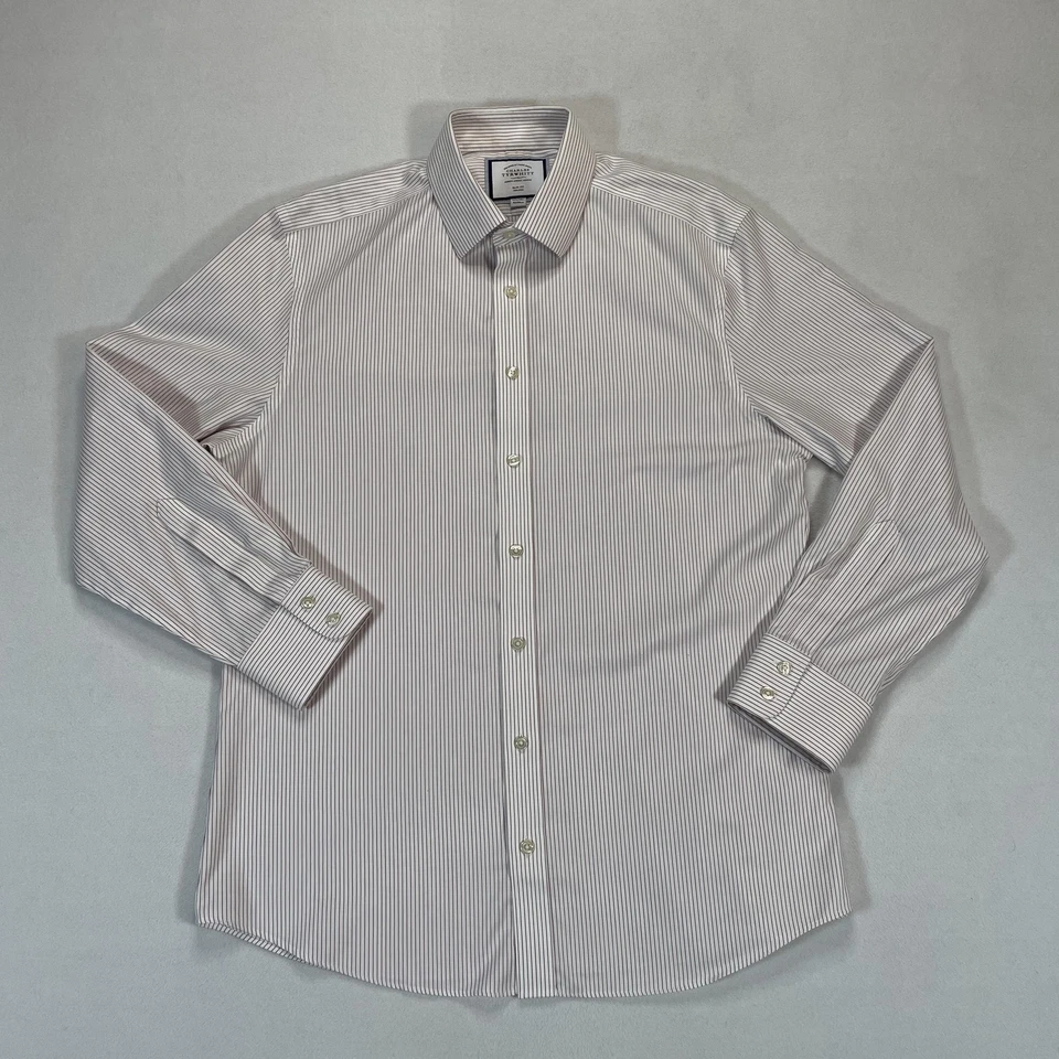 Camisa Charles Tyrwhitt Para Hombres 16.5 34 Blanco Rojo Rayas Calce Ajustado Sin Hierro Vestido Foto 2 de 4