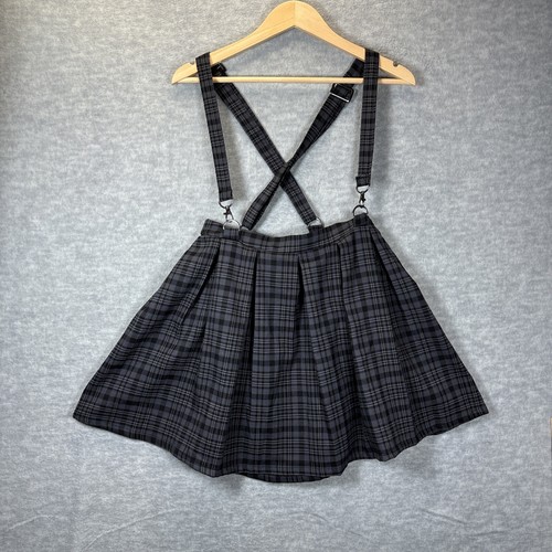 Hot Topic Pleated Skirt M Schoolgirl Black Gray Plaid Mini Suspenders Goth Punk - Picture 2 of 9