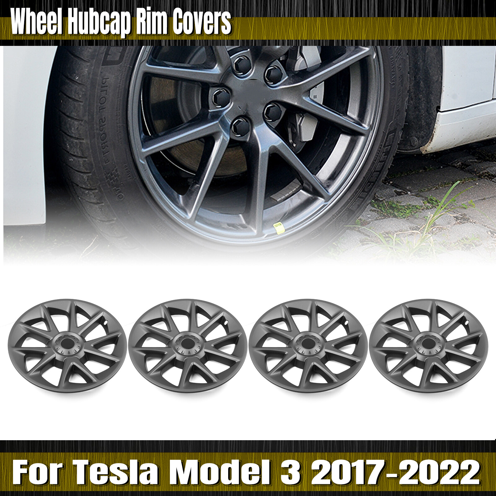 18" Wheel Cover Hubcaps Rim Cover Blade Style For Tesla Model 3 2017-2023 Grey