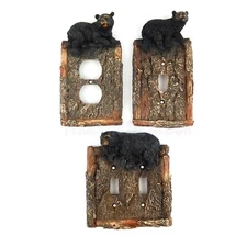 Black Bear Switch Plate Wall Cover Outlet Plug Single Double Toggle Wood Look 