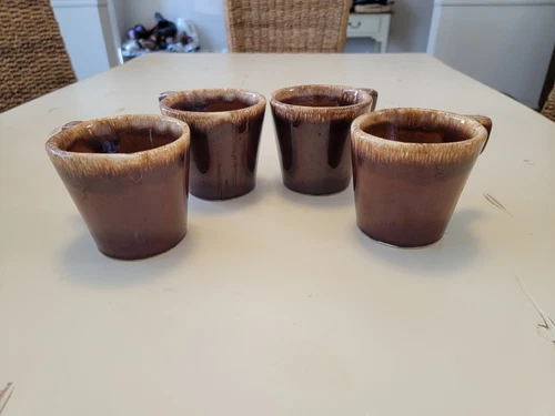 Set of Four Vintage Hull Pottery Brown Drip Glaze Oven Proof Coffee Tea Mugs