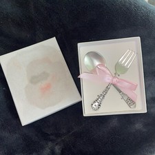 NEW Mudpie Sweet Baby Girl Feeding Set Fork Spoon Love U