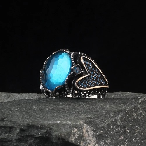 Blue Zircon Stone 925 Sterling Silver Men's Ring Turkish Handmade Natural Stone - Picture 3 of 3