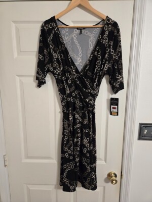 Daisy Fuentes Brown And Black Chain Print  faux wrap dress size XL NWT