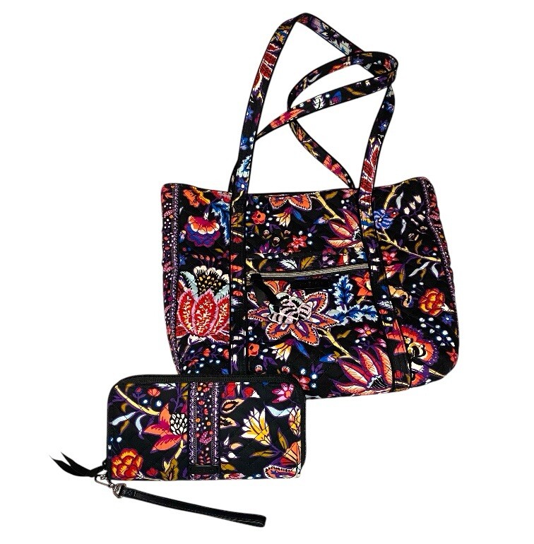 Vera Bradley Iconic Vera Large Tote with Wallet Set in Black Orange Floral  Print