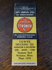 Vintage Matchbook: Kendall Motor Oil, Towne Trucking, Webster, MA