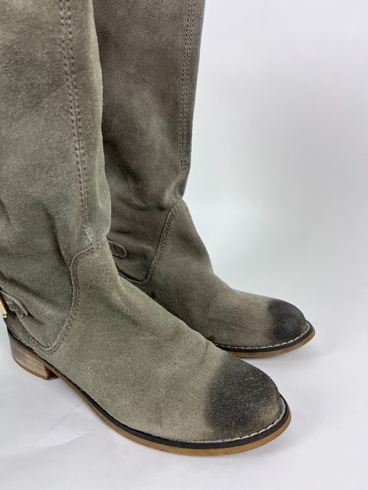Kelsi Dagger Tassie Gray Leather Mid-Calf Round Toe Belted Riding Boots Size 8 image 6