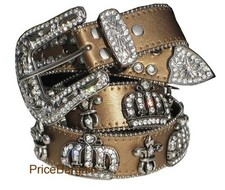 Western Rhinestone Bling Copper Bronze Crown Fleur De Lis Leather Belt L ML