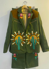 Men 2Pc Bespoke Cactus Floral Embroidered Nudie Western cowboy Cocktail Outfit