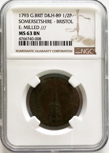 1793 GREAT BRITAIN SOMERSET 1/2 P HAWKIN BIRD CONDER TOKEN D&H 89 NGC MS 63