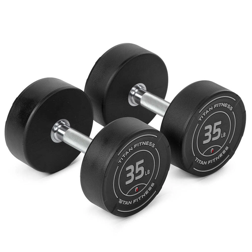 Titan Fitness 35 LB Set Round Urethane Dumbbells, 32mm Medium Volcano Knurling