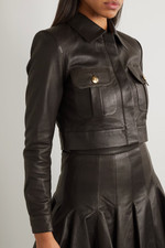 Sergio Hudson Cropped Genuine Leather Jacket Cargo Pockets Espresso 2 Nwt $1895