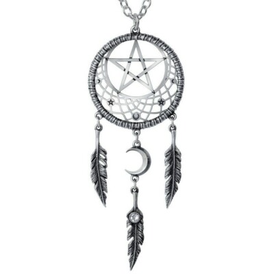 Alchemy Gothic Pagan Dream Catcher Pendant Pentagram Feathers Crescent Moon  P873