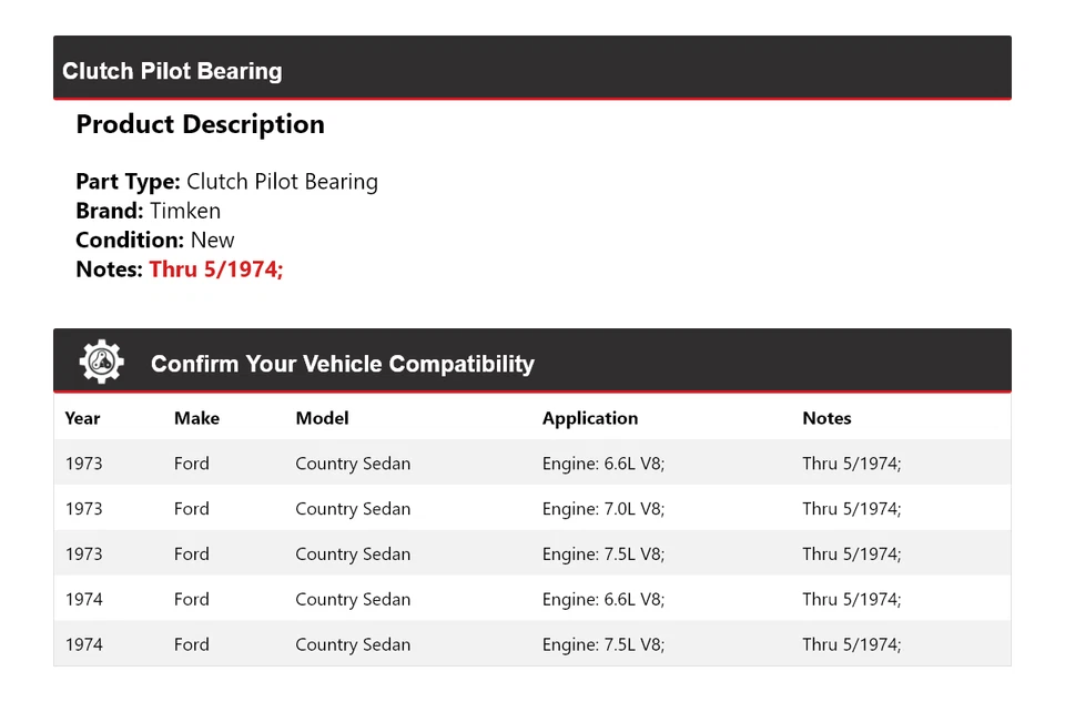 For 1973-1974 Ford Country Sedan Clutch Pilot Bearing Timken - Image 2 of 4