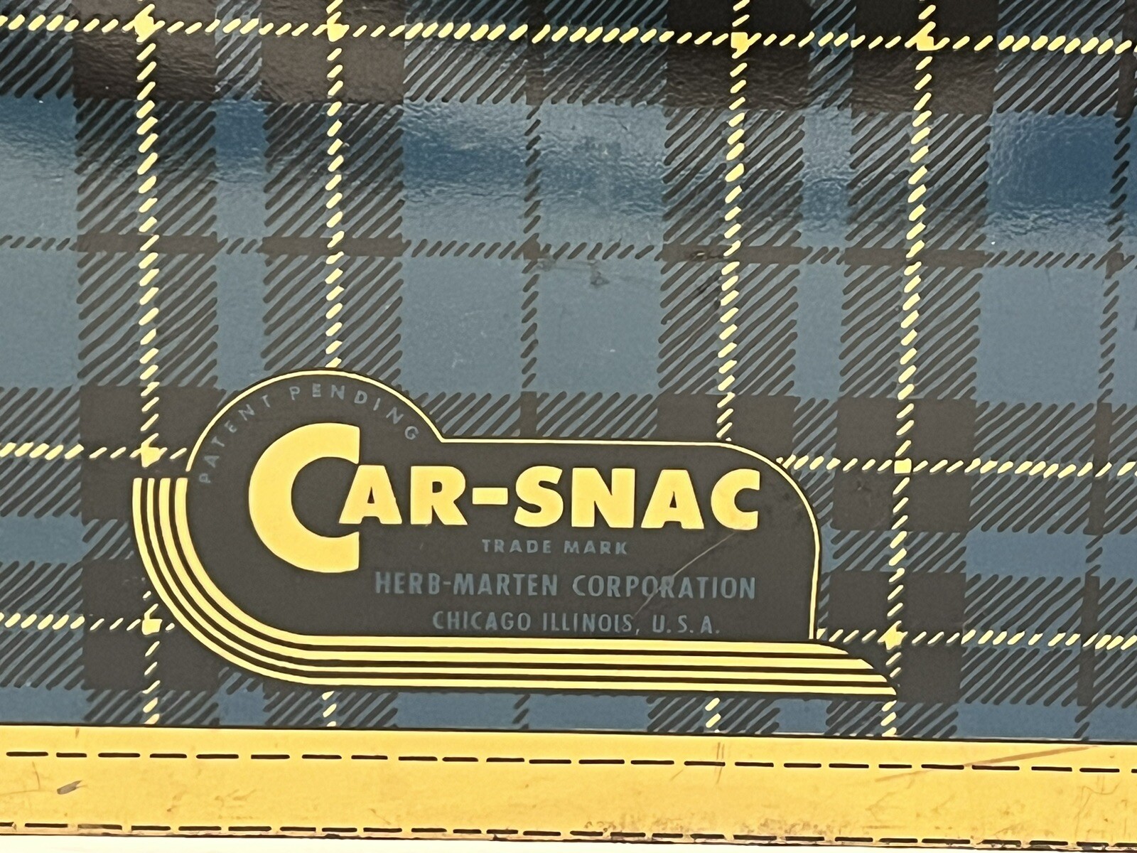 HTF Vintage CARSNAC Blue Plaid Picnic Thermos Holder Metal W/Vintage