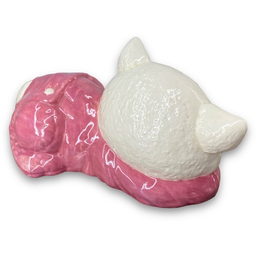 Vintage 12"" Form Keramik Katze in rosa Pyjama Verlegung Statue Figur grüne Augen - Bild 3 von 6