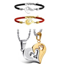 4pcs Couple His Hers Stainless Steel Heart Puzzle Pendant Necklace Bracelets Set