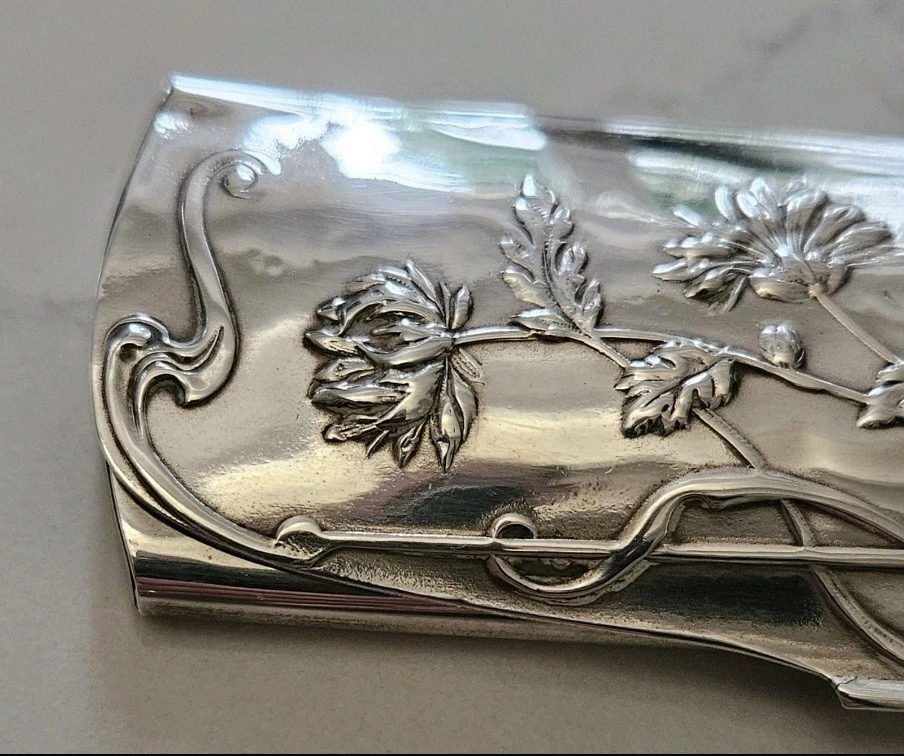 Ancien étui, boite à lunettes, lorgnons Art Nouveau métal argenté 1900. - Photo 3/4