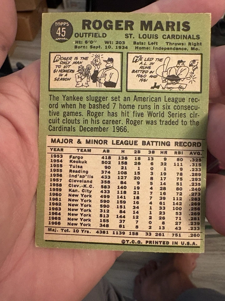 Карты 1967 Topps - Roger Maris No45 - Изображение 2 из 3