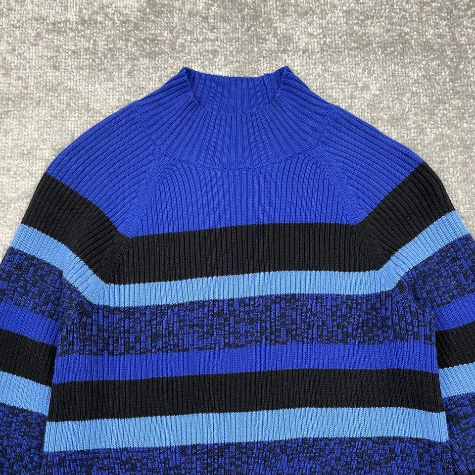 Suéter Studio Works para mujer PM azul a rayas cuello falso tejido acanalado 100 % algodón Foto 3 de 4