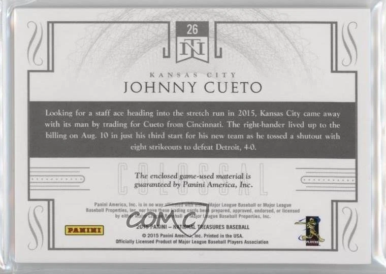 2015 Panini National Treasures Colossal Laundry Tag Prime /5 Johnny Cueto Patch - Image 2 of 2