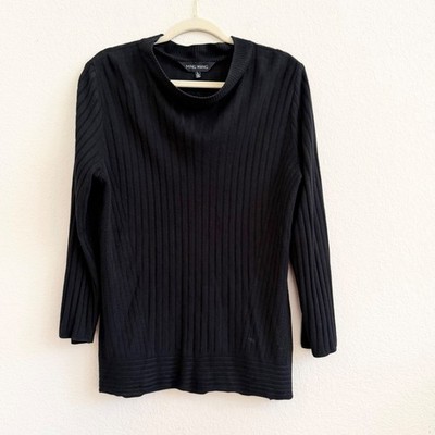 Ming Wang Womens Black Ribbed Knit Mock Neck 3/4 Sleeve Top Size L RN 73924