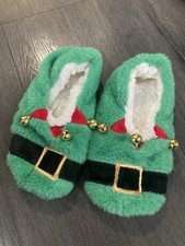 Green Elf Christmas Slippers w/ Bells Child S/M Fuzzy soft nonslip socks