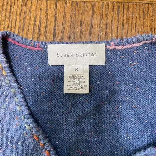Susan Bristol Blue sweater S Wool 3D Embroidered Flowers W/ Monkeys Front Closur - Picture 2 of 13
