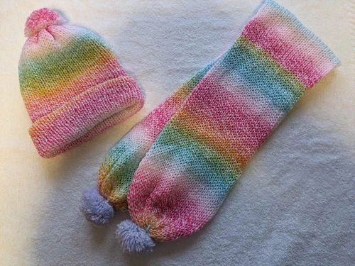Handmade Multicoloured Pastels Adult Knitted Hat And Scarf Set SALE