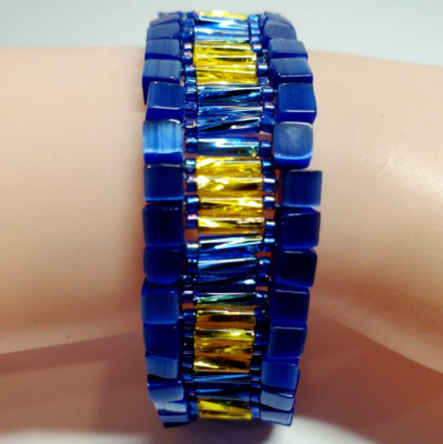 Dark Blue Yellow GLASS Bugles Square Bead Woven 85+ Yr Old Artisan 7.5'' Bracelet
