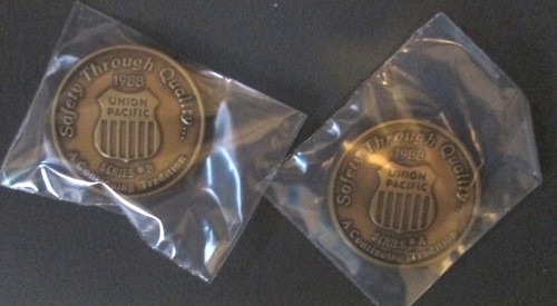 Two 1988 Union Pacific Coins Series #3 & #4 Safety Through Quality Bronze Color - Picture 2 of 3