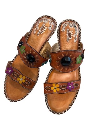 Spring Step Womens Sandal Sz 39 (US 8.5) Brown Leather Heel Boho Floral Art2Wear