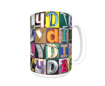 LYDIA Coffee Mug / Cup featuring the name in photos of sign letters