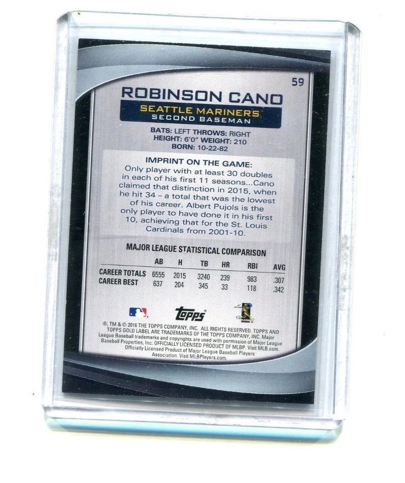 ROBINSON CANO SEATTLE MARINERS 2016 TOPPS GOLD LABEL BASEBALL #59 RED #009/100 - Image 2 of 2