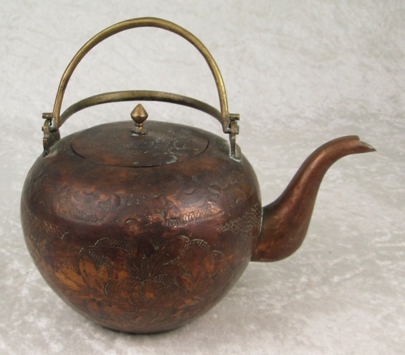 Antique Chinese Copper Brass 2 Handle Tea Kettle Hammered Floral Design 8in Long