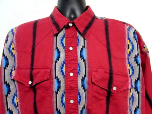 Camisa De Colección Wrangler Rustler Hombres 2XL Roja Occidental Azteca Navaho Rayas Perla A Presión - Imagen 4 de 10