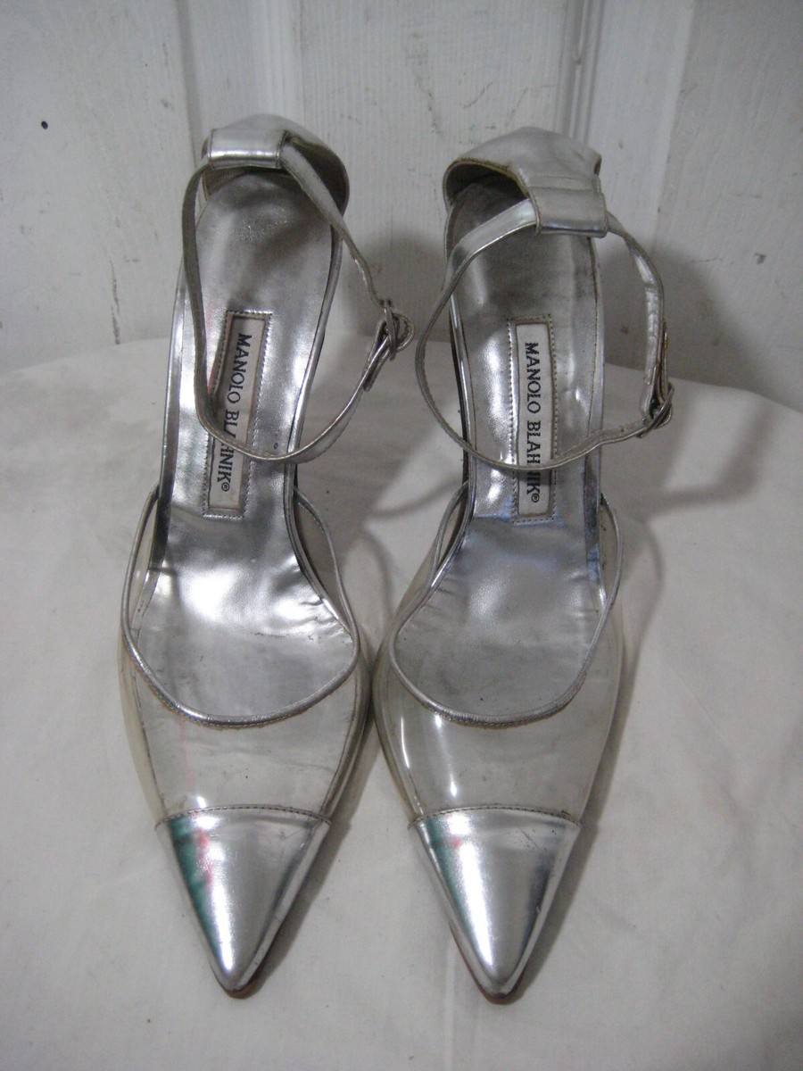 Manolo Blahnik Metallic Silver Leather & PVC D' Orsay Ankle Strap