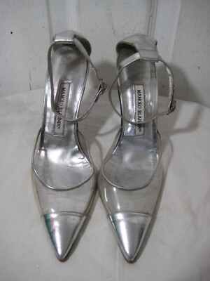 Manolo Blahnik Metallic Silver Leather PVC D' Orsay Ankle Strap Heel Size  38