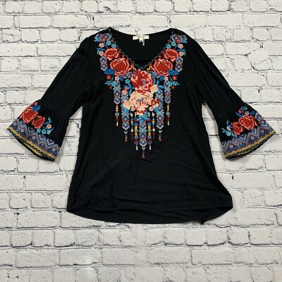 Andrée By Unit Floral Embroidered Blouse Size M Black Boho Hippie Green Witch