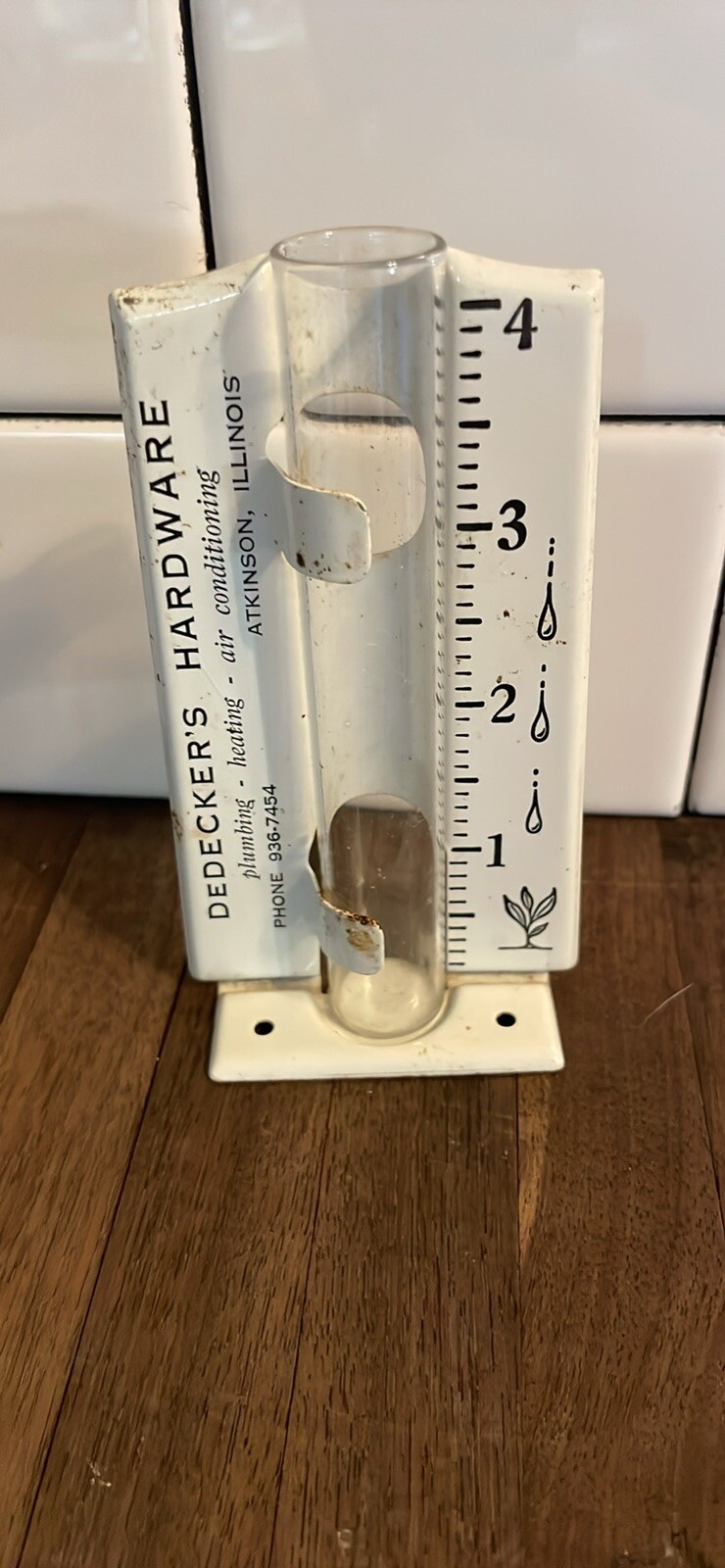 Local Advertising Antique Rain Gauge, DeDecker’s Hardware Atkinson IL